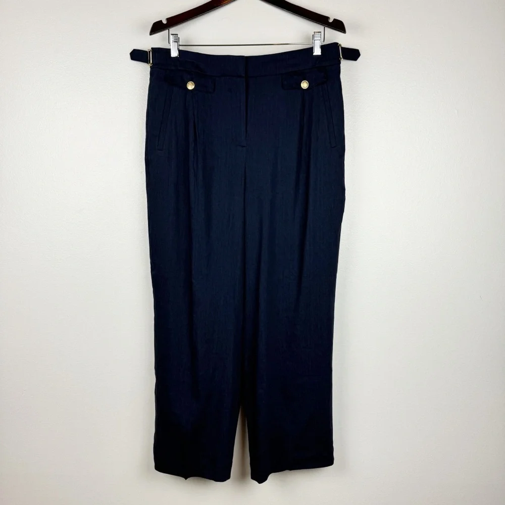J. Crew Collection Side Tab Trouser Italian Linen Blend Navy Size 12/L NWT